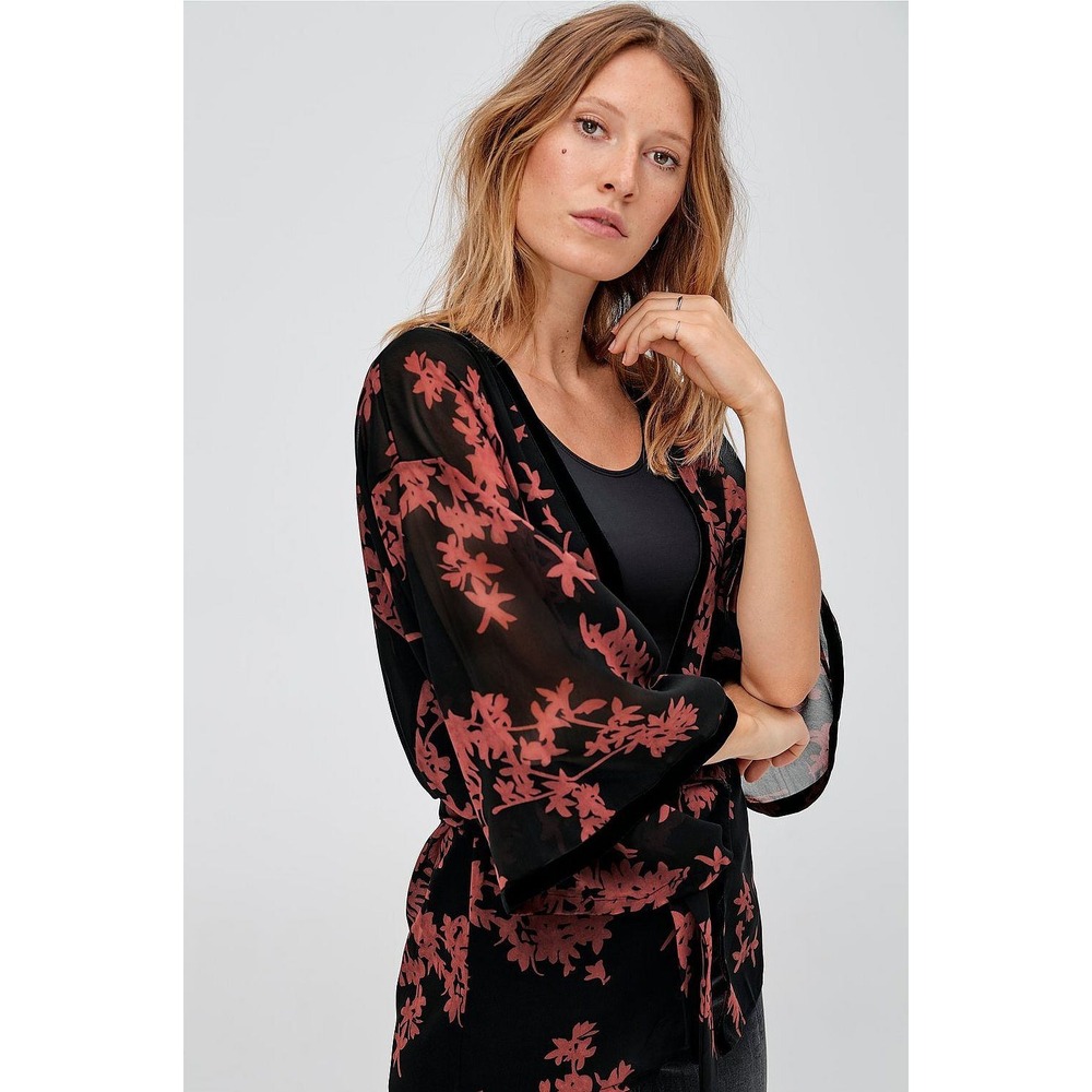 Ellos Womens Floral Kimono Size 1X Black Sheer Velvet Trim Tie Front Chiffon